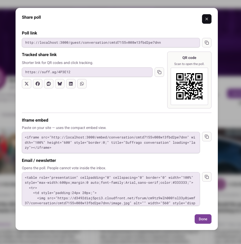 Share poll dialog with link, QR code and embed options